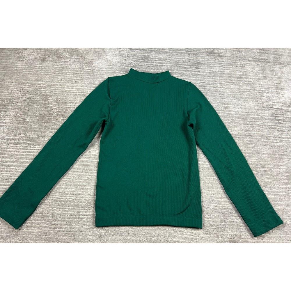 Dictionary Ribbed Top Womens S/M Green Mock Neck Long Sleeve Button Cuff